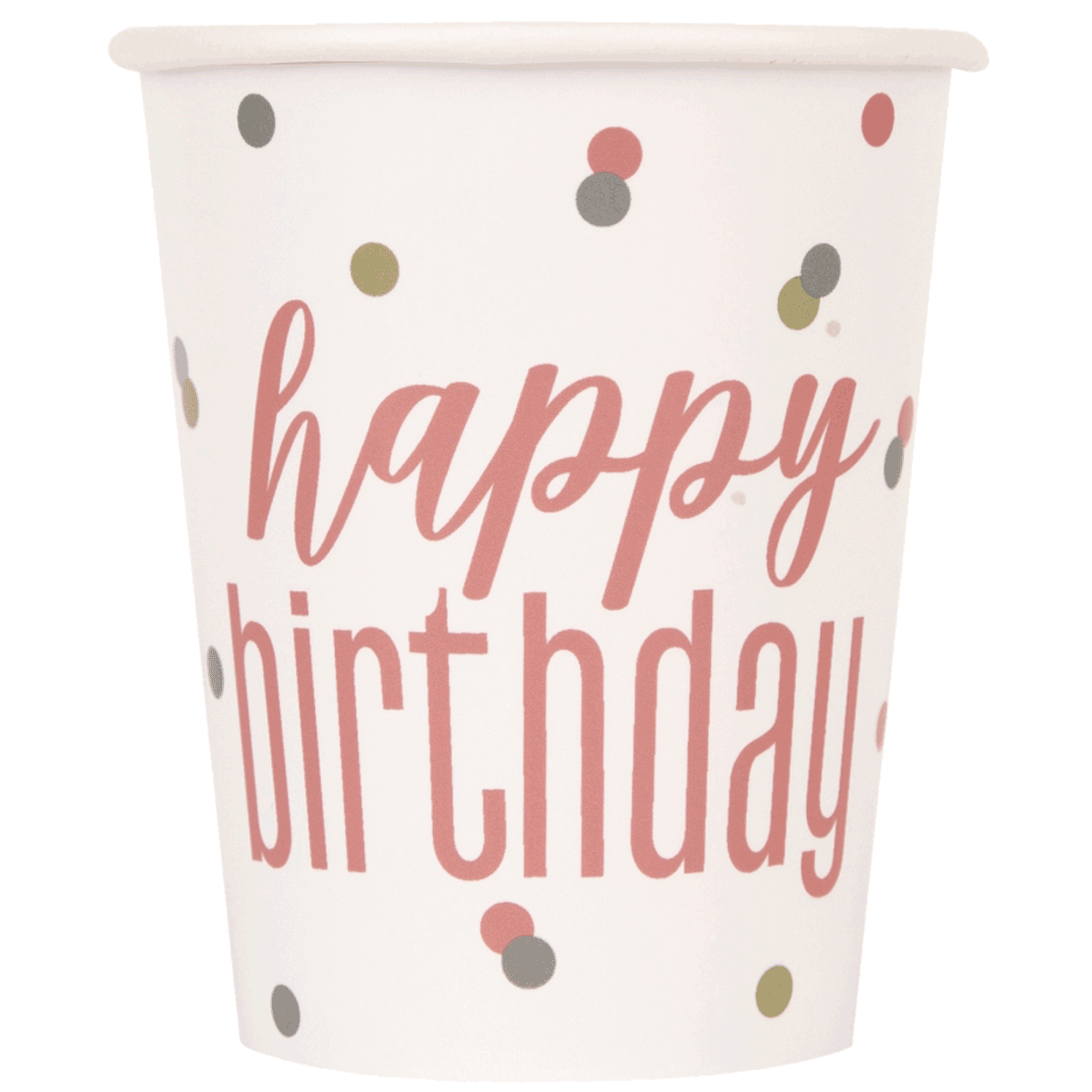 Rose Gold Glitz paper cups paper cups with confetti dots and the words happy birthday