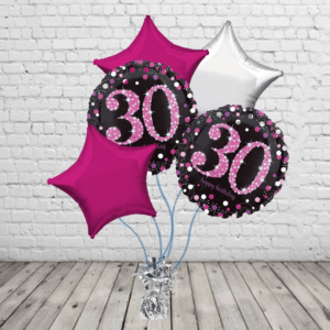 Black & Pink 30th Balloons With Pink And Silver Stars