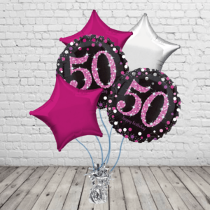 Black & Pink 50th Balloons With Pink And Silver Stars