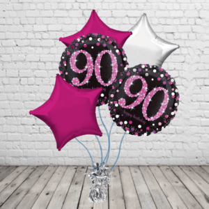 Black & Pink 90th Balloons With Pink And Silver Stars