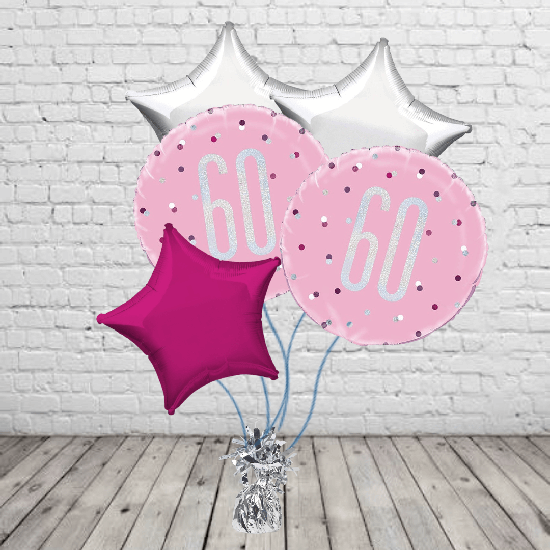 Pink Glitz 60th Birthday Bouquet Pink 60th Balloons With Pink & Silver Stars