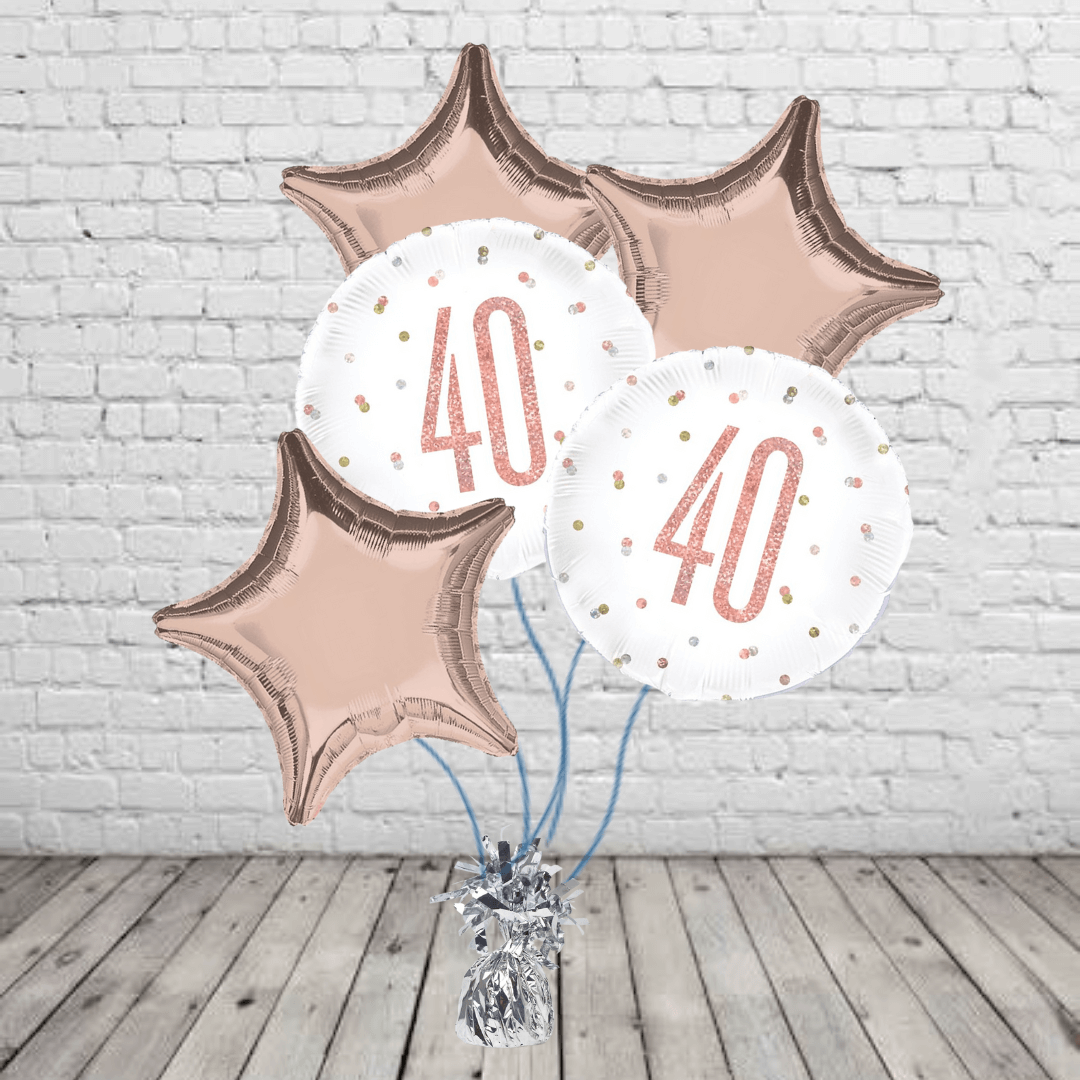 Rose Gold Glitz 40th Birthday Bouquet White And Rose Gold 40th Balloons With Rose Gold Stars