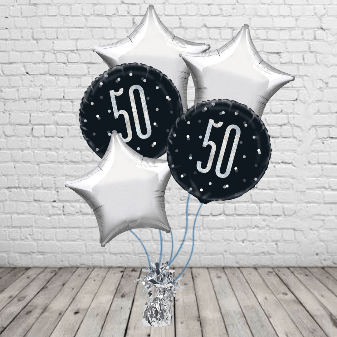 Black Glitz 50th Birthday Bouquet Black 50th Balloons With Silver Stars