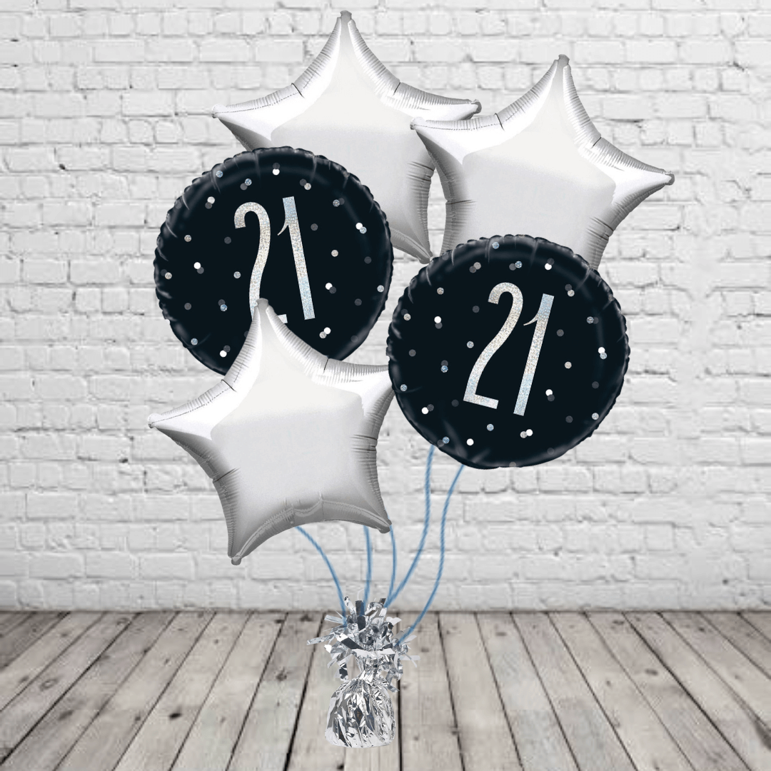 Black Glitz 21st Birthday Bouquet Black 21st Balloons With Silver Stars