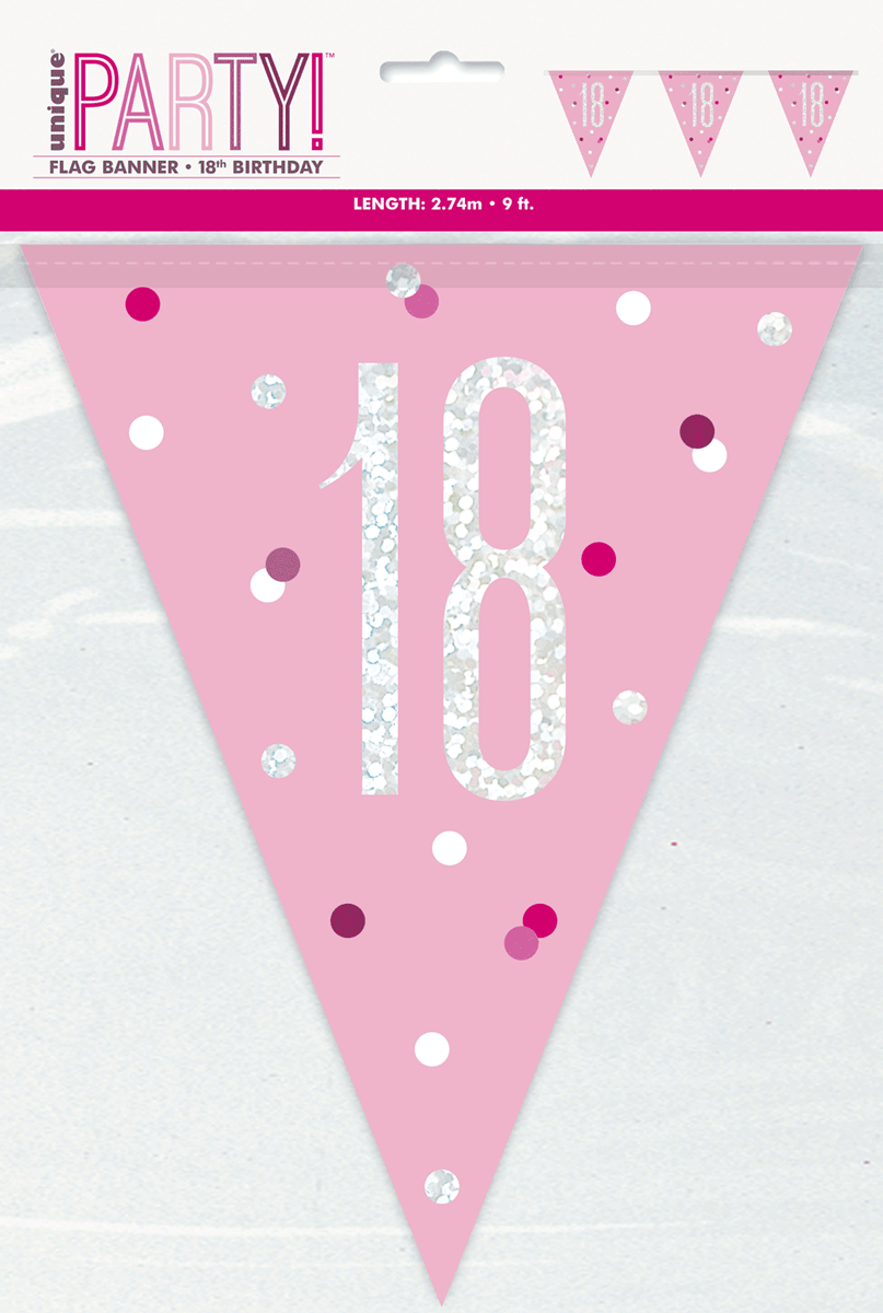 83450_pkg-18-banner Pink Glitz 18th Birthday Foil Flag Banner