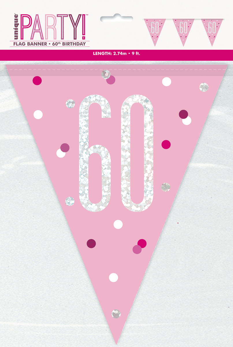 83455_pkg-60-banner Pink Glitz 60th Birthday Foil Flag Banner