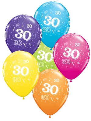 Tropical coloured age 30 latex balloons