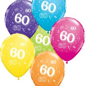 Tropical coloured assorted age 60 latex balloons