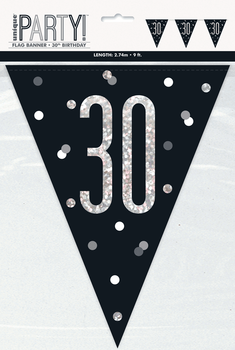 83426_pkg-30-foil Black Glitz 30th Birthday Foil Flag Banner