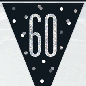 Black Glitz 60th Birthday Foil Flag Banner