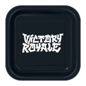 fortnite paper plates with a black background and white text reading 'victory royale' in the centre