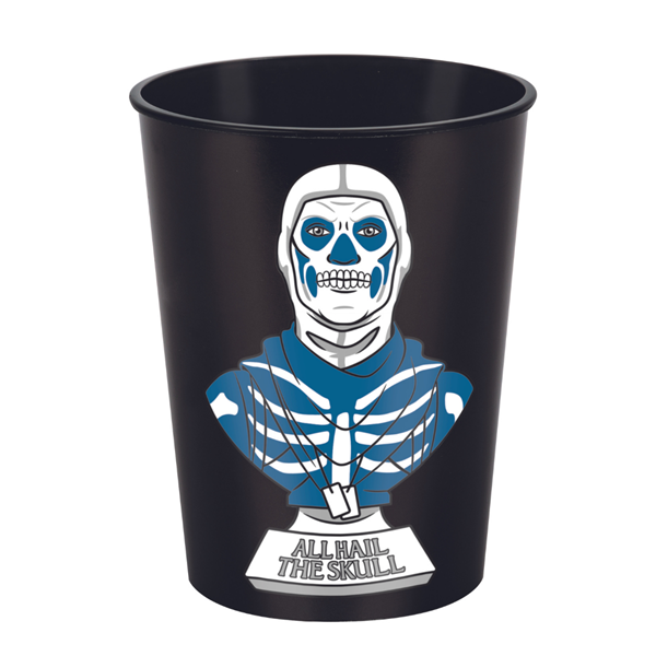 black plastic single cup featuring the skull trooper from fortnite along with 'all hail the skull' text underneath black plastic single cup featuring the skull trooper from fortnite along with 'all hail the skull' text underneath