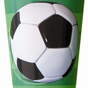 football paper cups printed in green pitch stripes with a black and white football