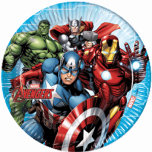 Avengers paper plates decorated with Iron Man, Hulk, Thor and Captain America showing off their weapons standing on a blue background