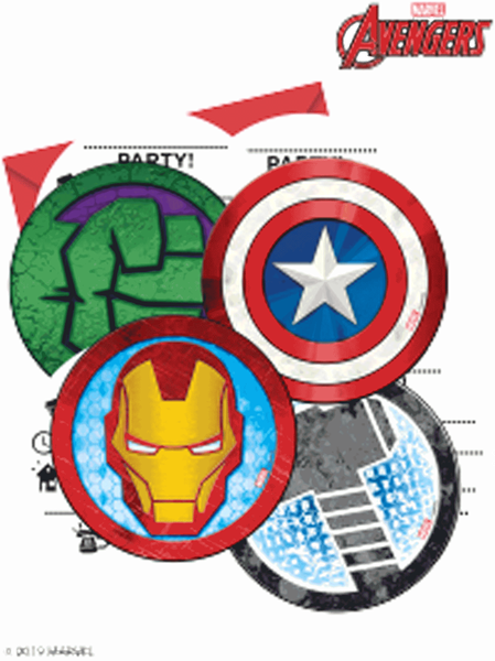 round invitations are designed with a marvel avengers superhero theme, featuring Iron Mans mask, Hulk's fist, Thor's hammer and Captain America's shield round invitations are designed with a marvel avengers superhero theme, featuring Iron Mans mask, Hulk's fist, Thor's hammer and Captain America's shield