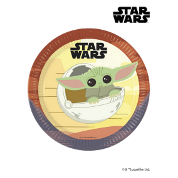 star wars baby yoda paper plates featuring baby yoda himself with a brown and purple border star wars baby yoda paper plates featuring baby yoda himself with a brown and purple border