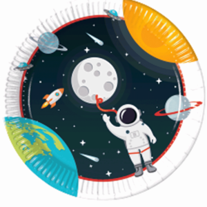 space themed paper plates decorated with an astronaut, the moon, a flying rocket ship, planets and stars