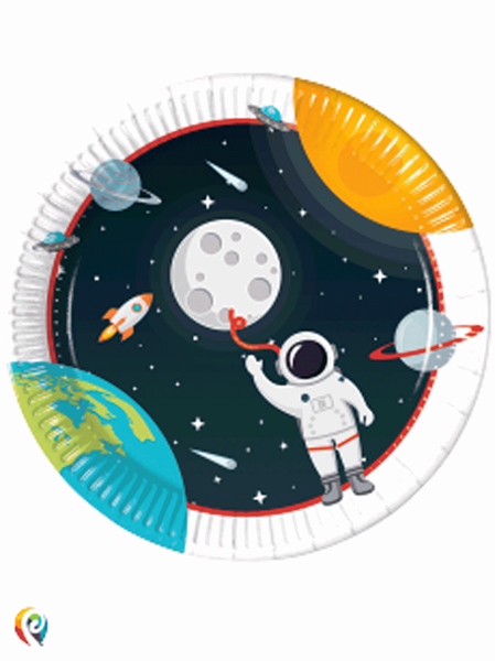 space themed paper plates decorated with an astronaut, the moon, a flying rocket ship, planets and stars space themed paper plates decorated with an astronaut, the moon, a flying rocket ship, planets and stars