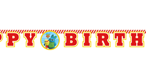 toy story 4 banner spells out a red, white and yellow 'Happy Birthday' message, surrounded by circles decorated with Woody, Buzz Lightyear, Forky, Ducky and Bunny