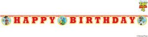 toy story 4 banner spells out a red, white and yellow 'Happy Birthday' message, surrounded by circles decorated with Woody, Buzz Lightyear, Forky, Ducky and Bunny